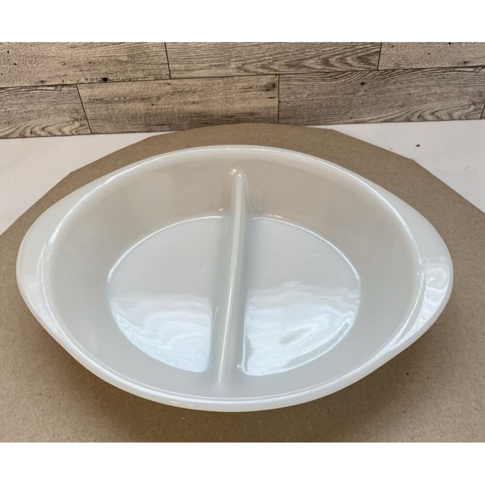 Vintage GLASBAKE White Milk Glass Oval Divided Baking Serving Dish J-2352 USA